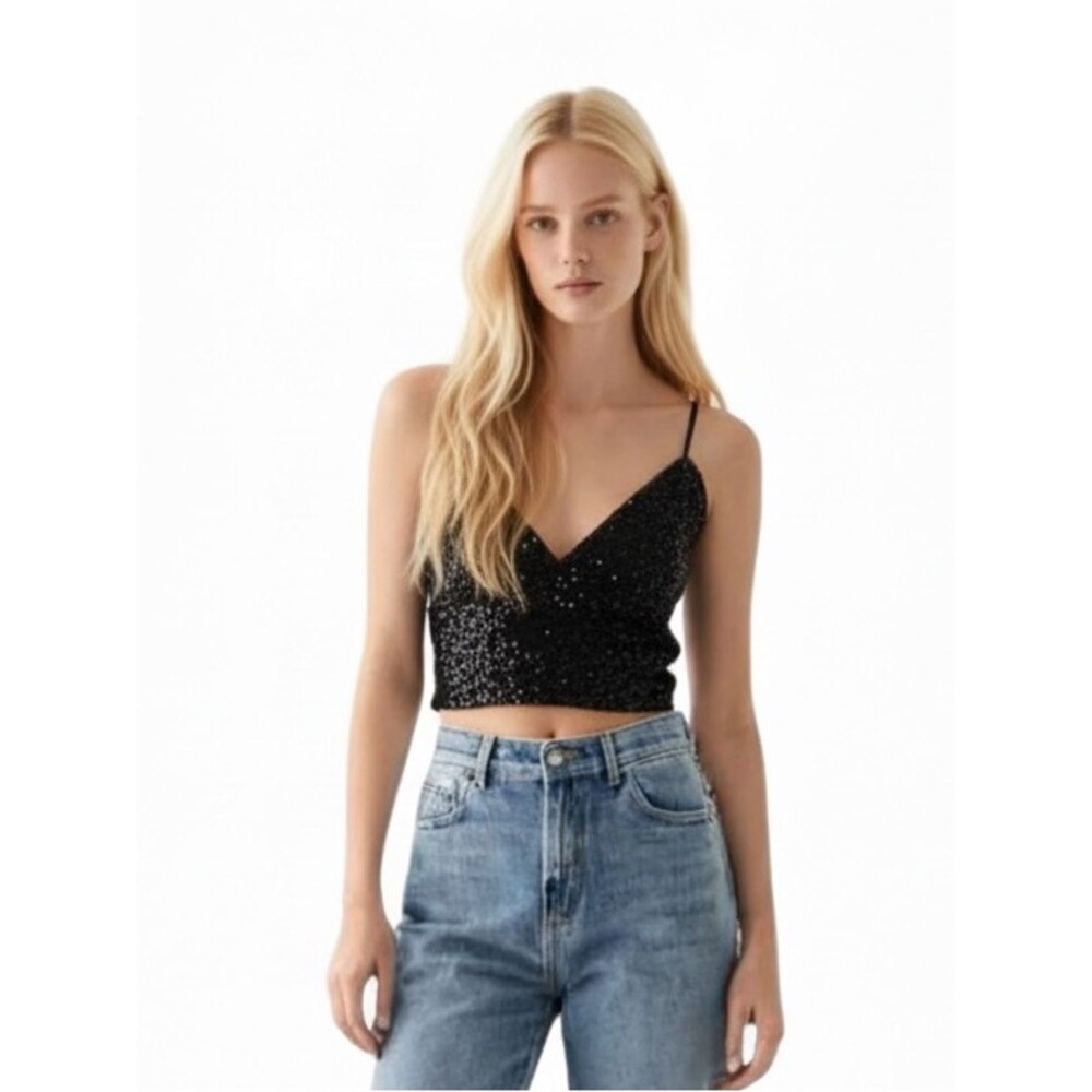 Vintage Y2K Glamazon Black Sequin V-Neck Crop Cami Top. Size S. Nightclub glam